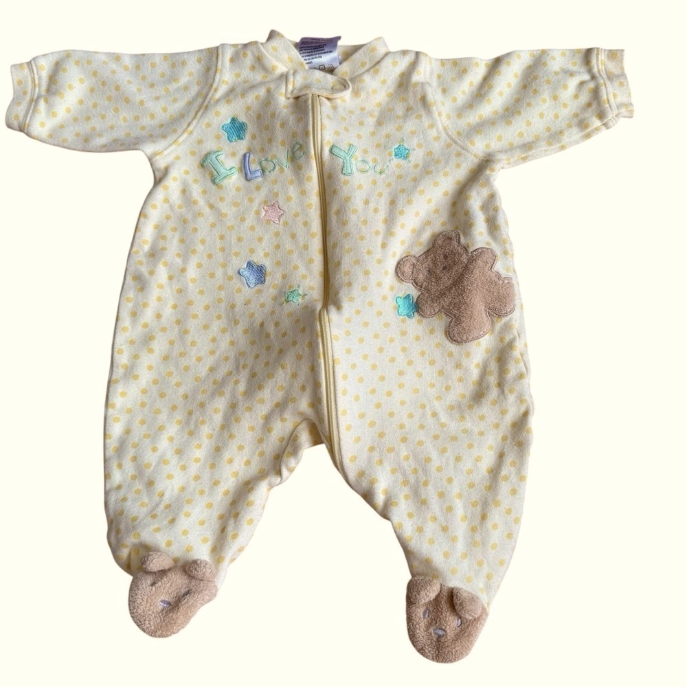 VTG Just Born Yellow Teddy Bear Pajama Sleeper Footed -I love you Baby Boy 3-6M